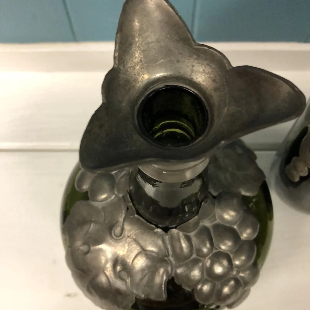 2‎ Vtg Decanter Green Glass Pewter Marked Denmark Rare Retro Collectible Grape